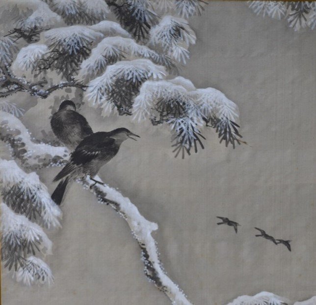 Silk Painting. China Or Japan. Snow And Crow.-photo-1