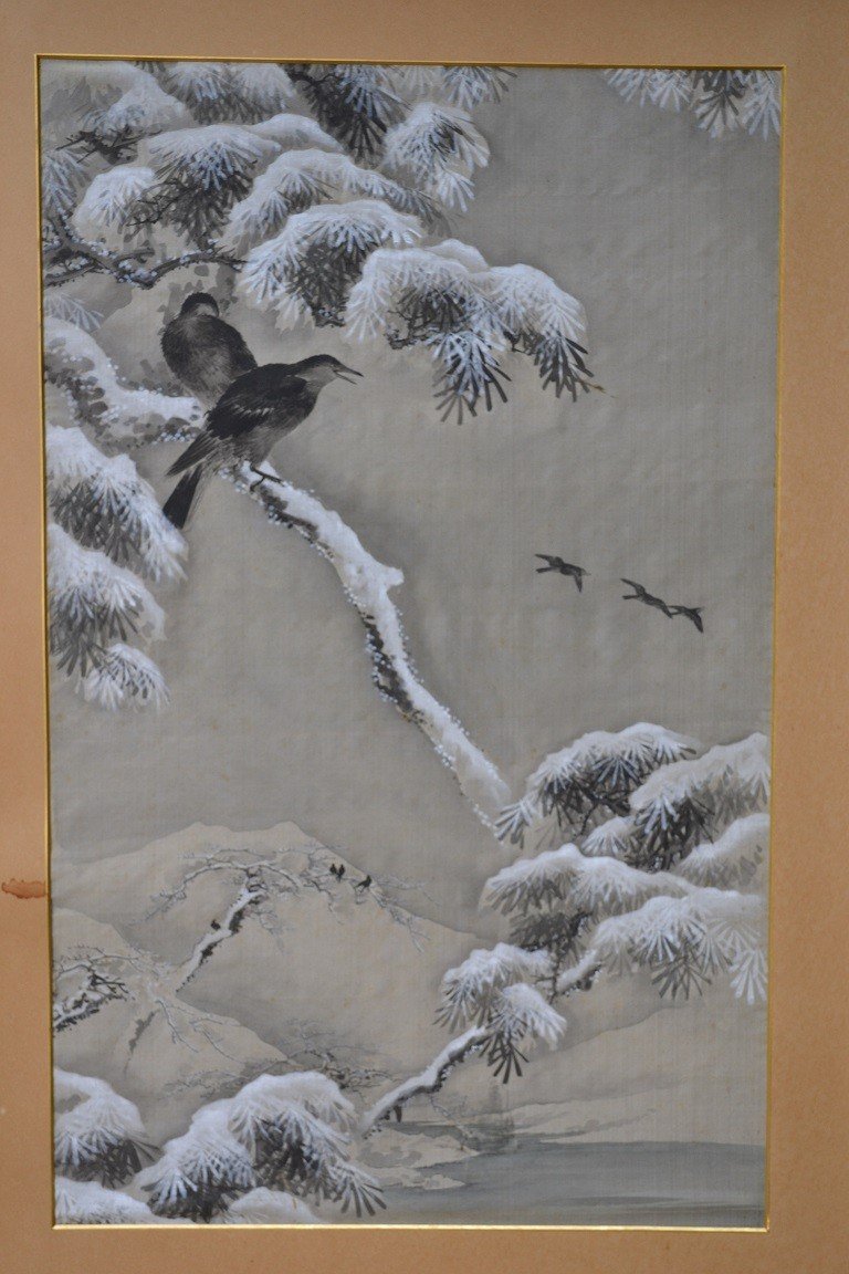 Silk Painting. China Or Japan. Snow And Crow.-photo-2