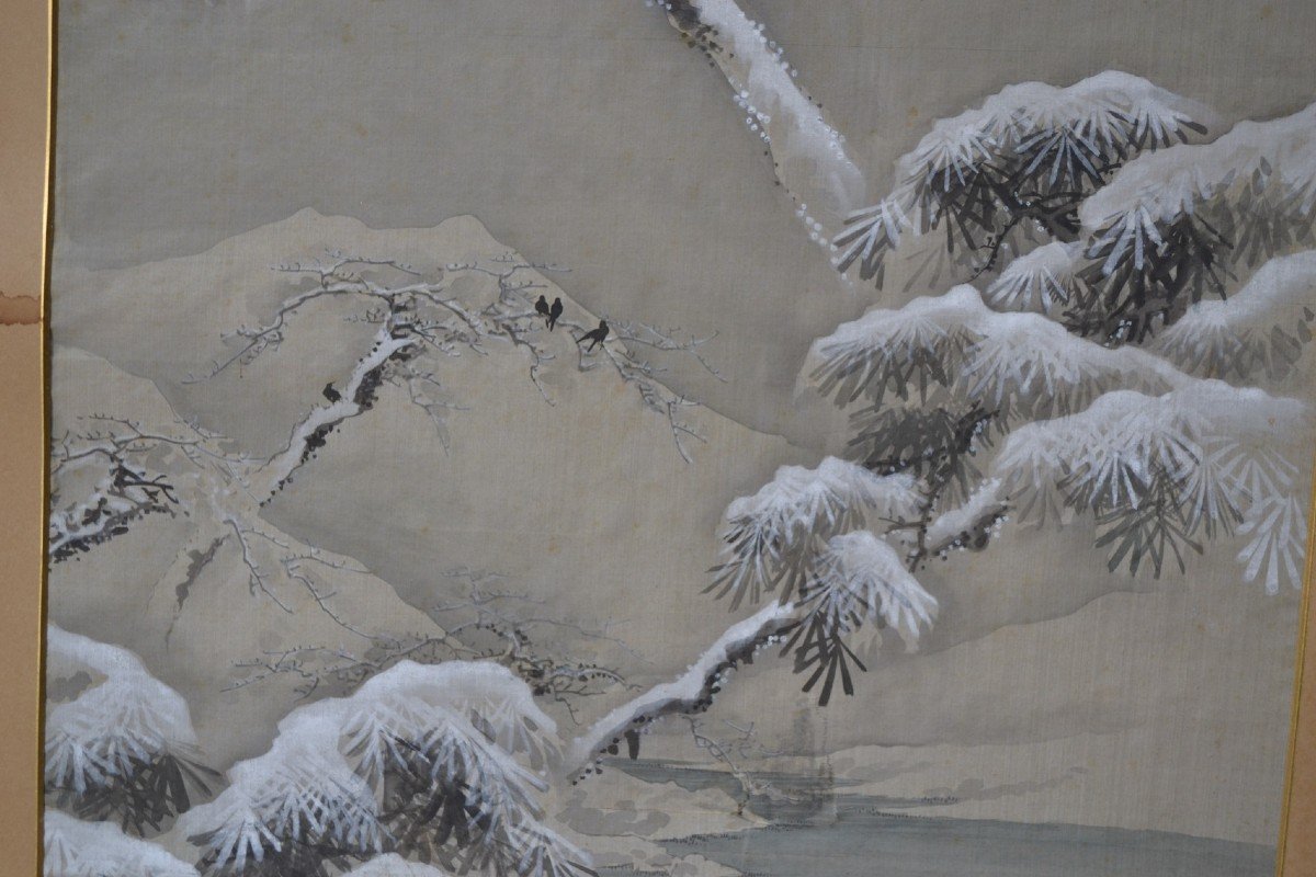 Silk Painting. China Or Japan. Snow And Crow.-photo-3