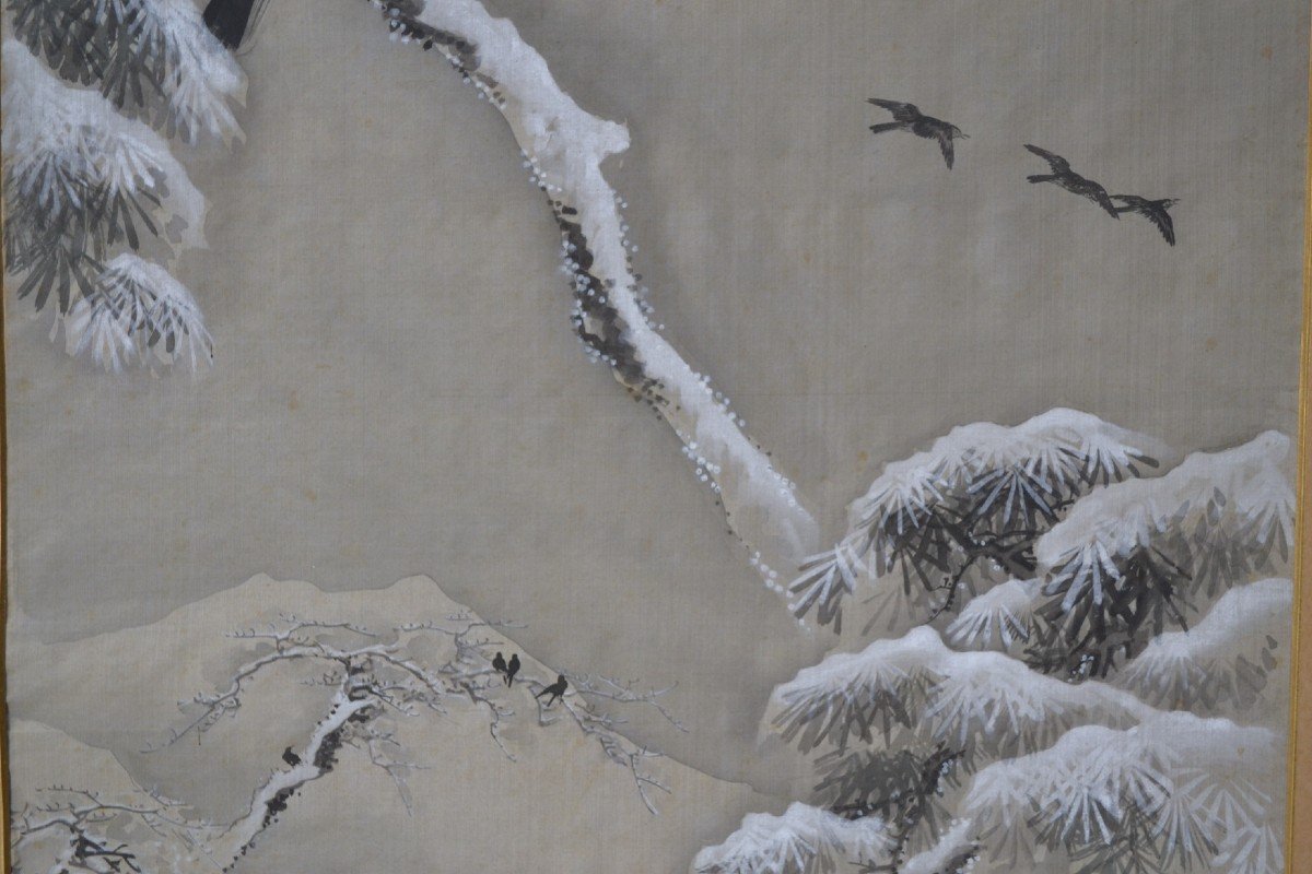 Silk Painting. China Or Japan. Snow And Crow.-photo-4