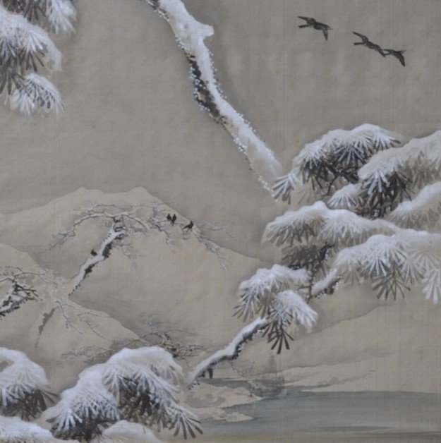 Silk Painting. China Or Japan. Snow And Crow.