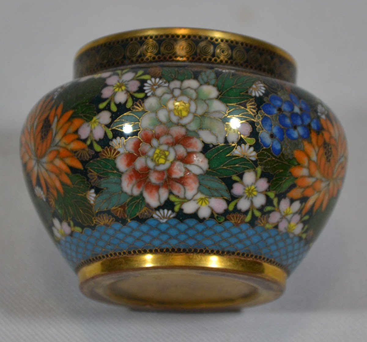 Small Gild Copper Pot, Enamelled-cloisonne With Flowers. Japan Taisho.