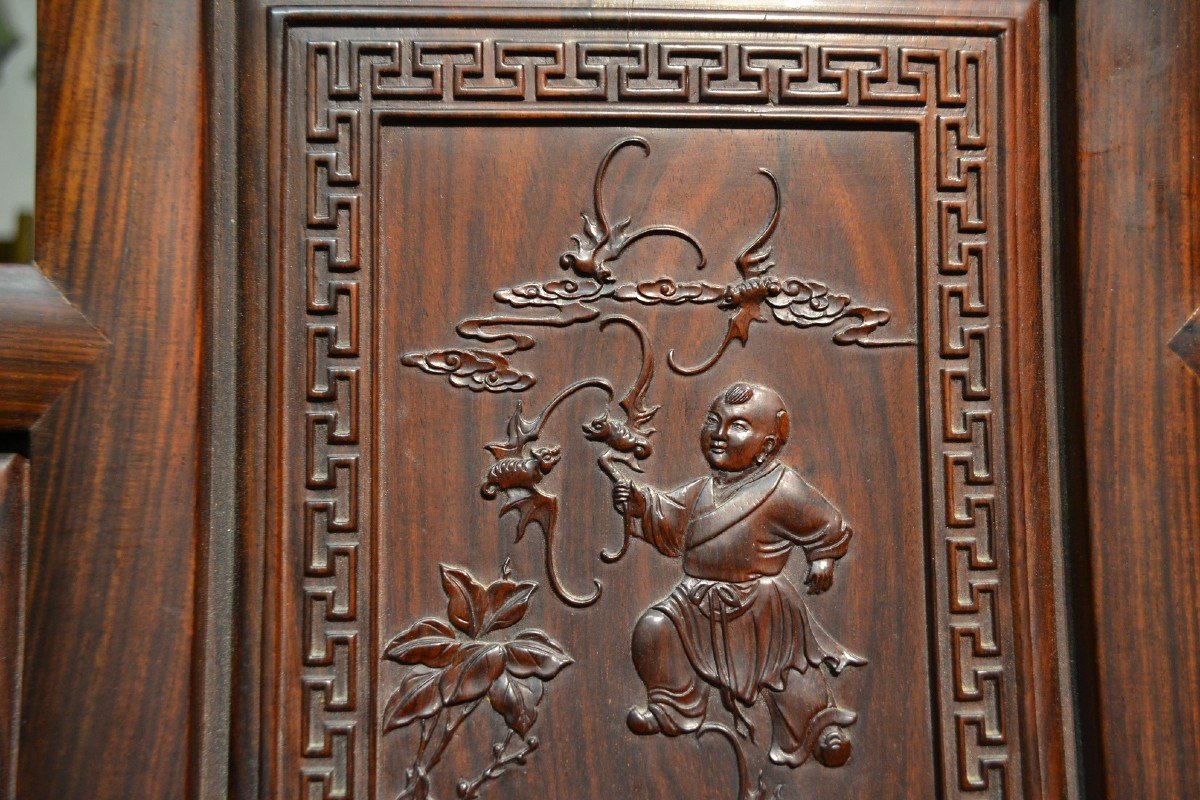 Chinese Throne In Carved Precious Wood. 20° Century.-photo-7