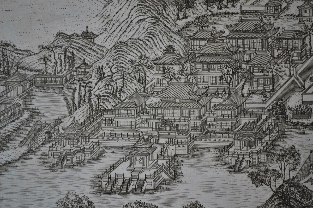 Chinese Palaces And Gardens In A Mountainous Landscape. French Engraving From The 18th Century.-photo-3