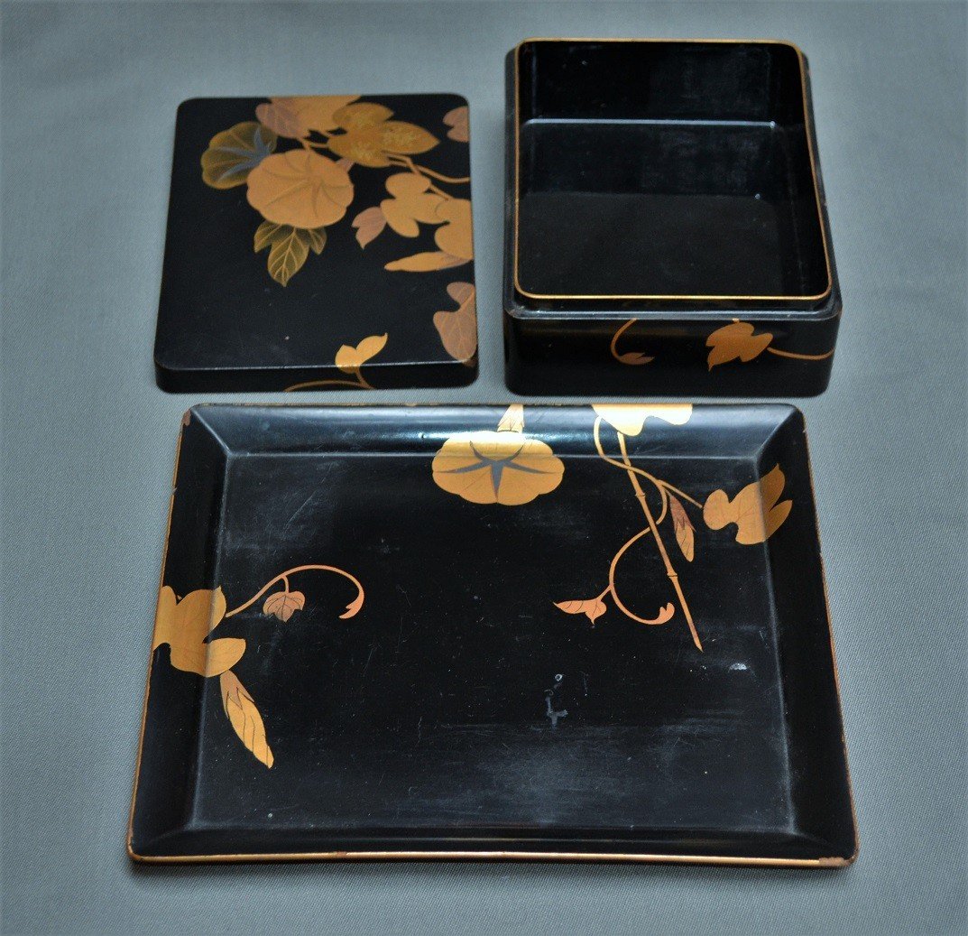 Box And Its Tray In Black Lacquer, Gold And Silver. Japan Meiji-showa-photo-3