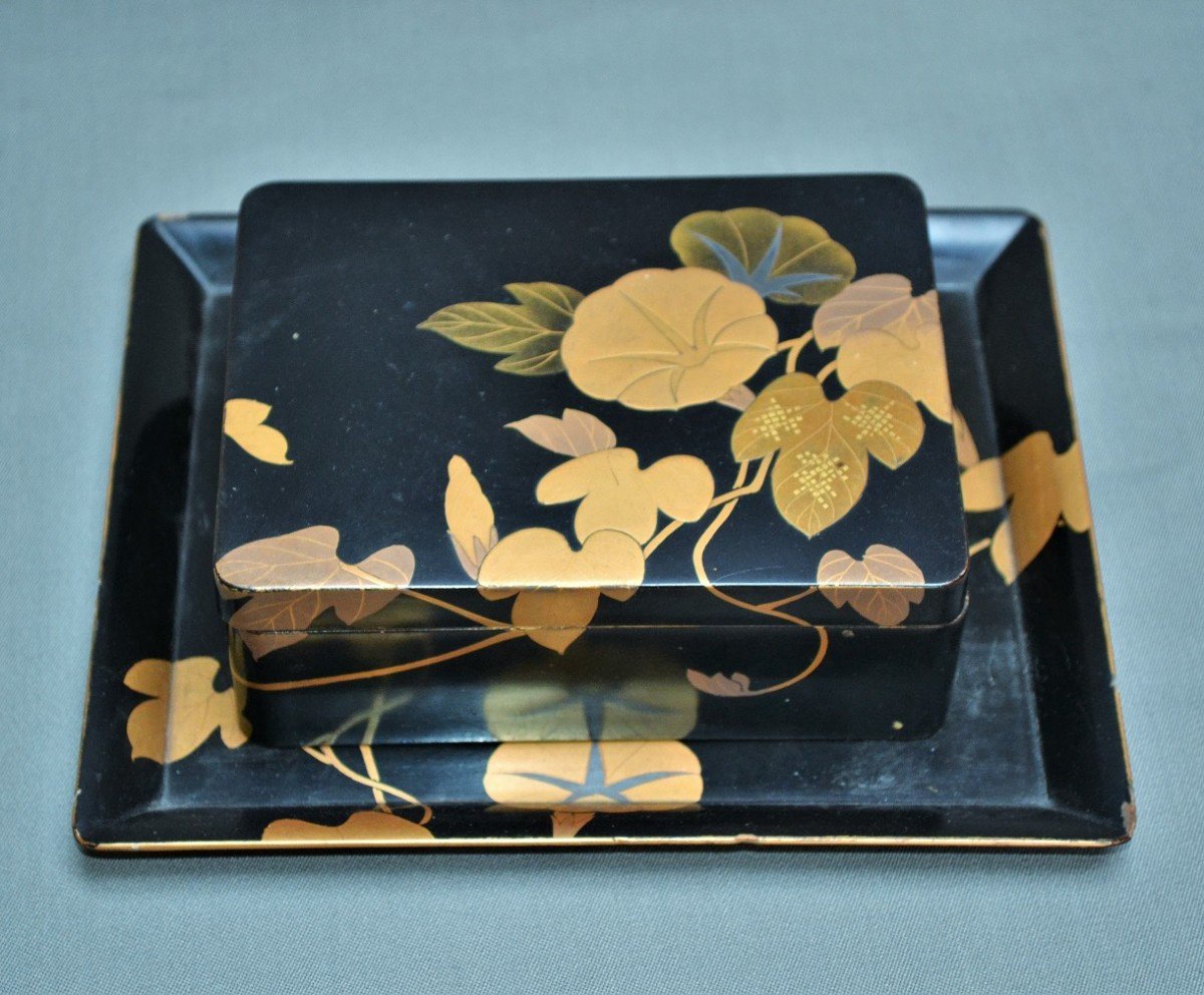 Box And Its Tray In Black Lacquer, Gold And Silver. Japan Meiji-showa-photo-1