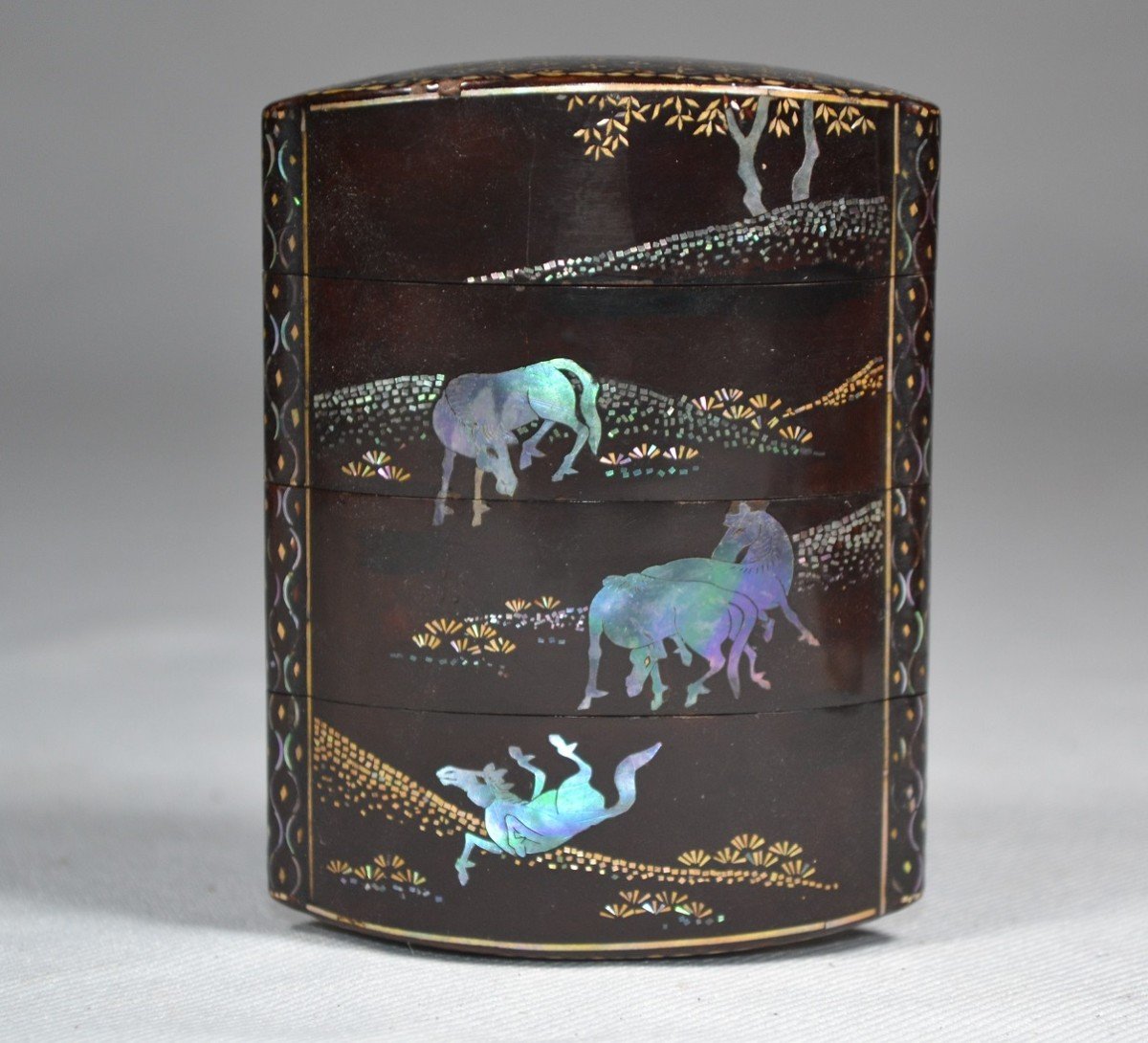 Inro Style Soma-da. Decor Of The 8 Mother-of-pearl Horses On A Dark Brown Urushi Background. Collection Dr Mene