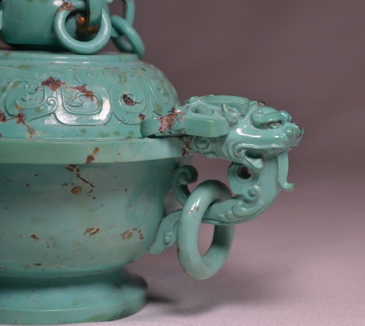 Brûle-parfums Sculpté En Turquoise. Décor De Dragons Et De Lions Bouddhique. Chine époque Qing.-photo-2