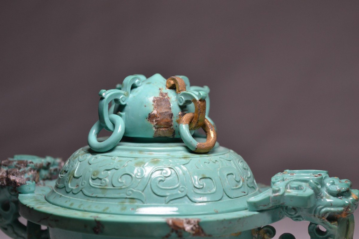 Brûle-parfums Sculpté En Turquoise. Décor De Dragons Et De Lions Bouddhique. Chine époque Qing.-photo-4