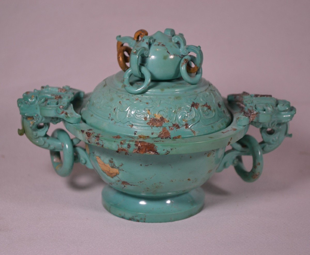 Brûle-parfums Sculpté En Turquoise. Décor De Dragons Et De Lions Bouddhique. Chine époque Qing.-photo-1
