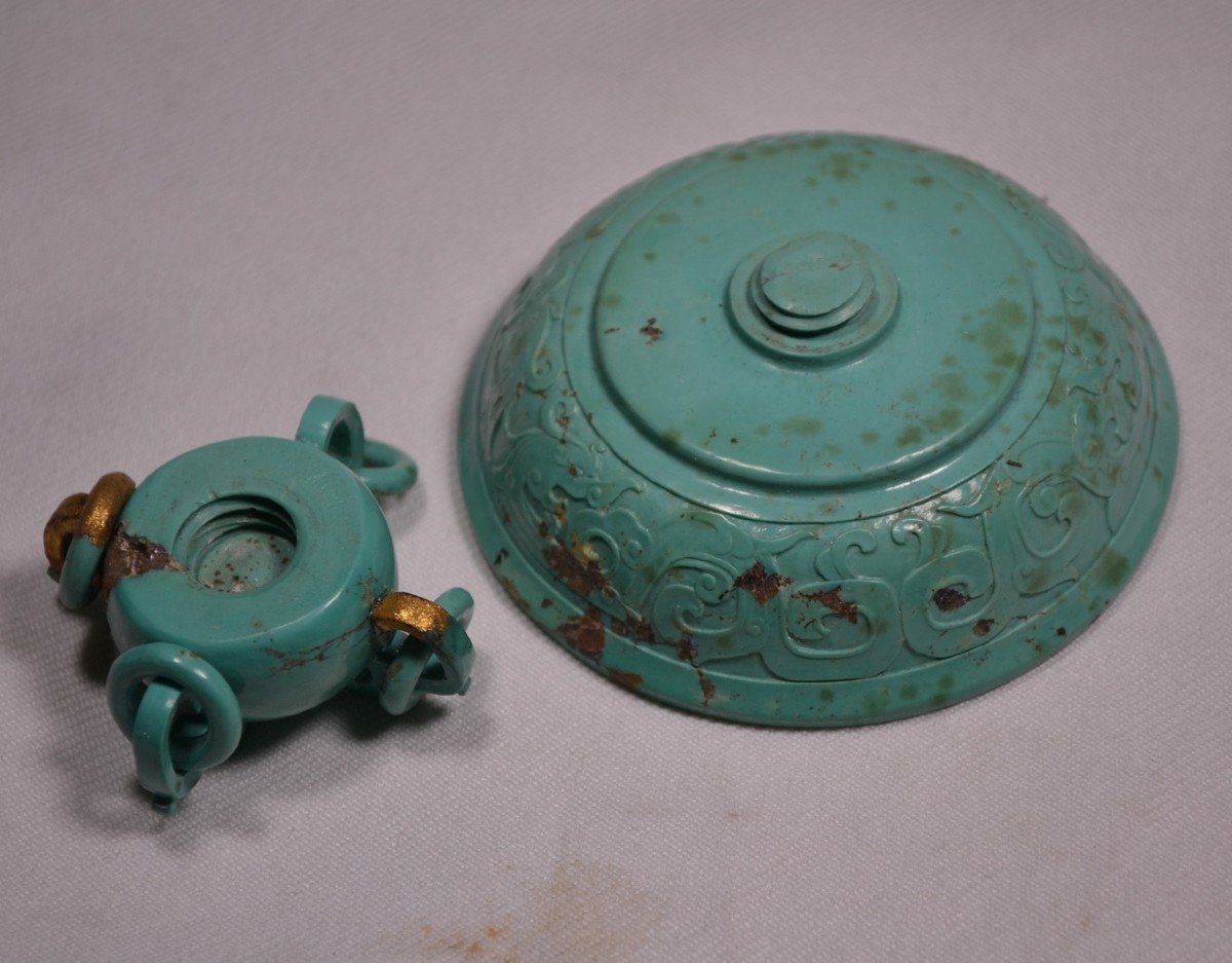 Brûle-parfums Sculpté En Turquoise. Décor De Dragons Et De Lions Bouddhique. Chine époque Qing.-photo-3