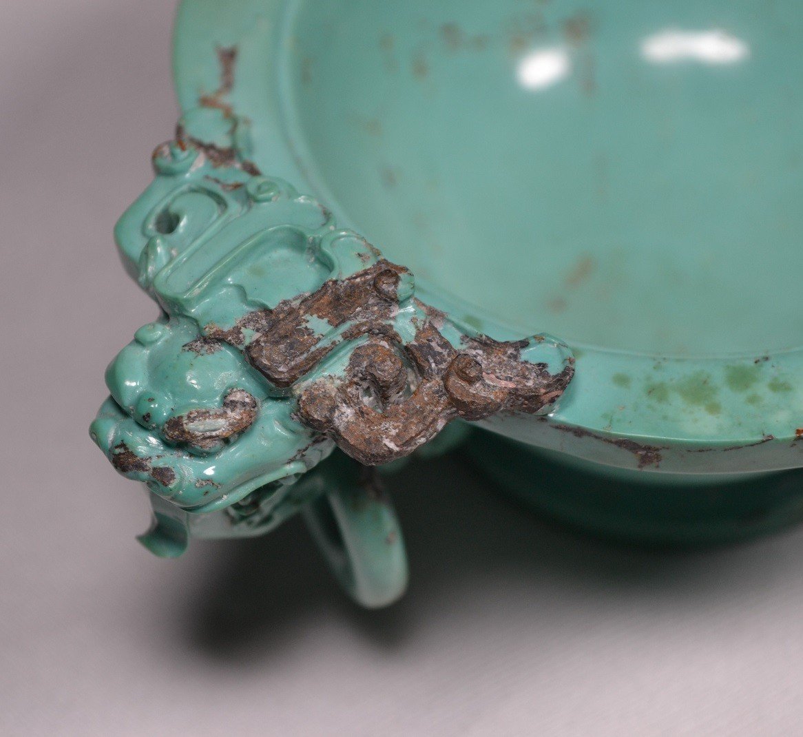 Brûle-parfums Sculpté En Turquoise. Décor De Dragons Et De Lions Bouddhique. Chine époque Qing.-photo-4