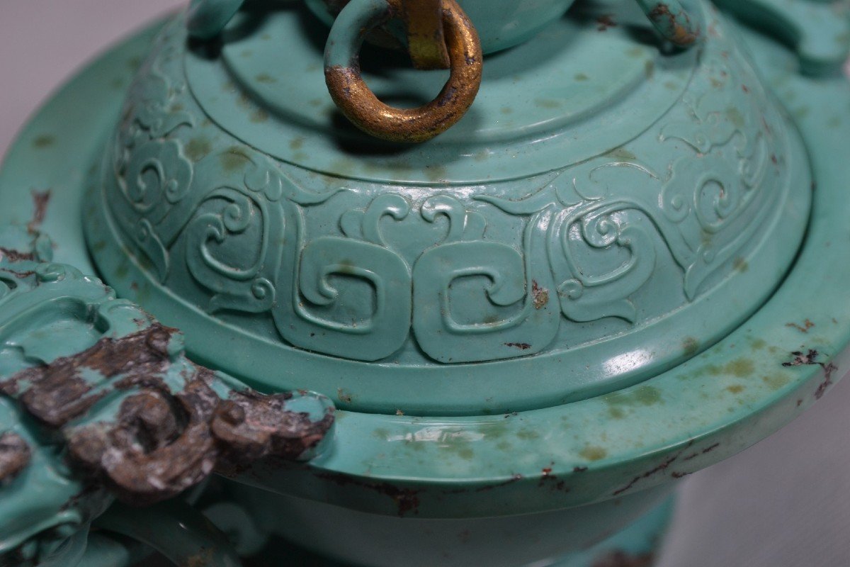 Brûle-parfums Sculpté En Turquoise. Décor De Dragons Et De Lions Bouddhique. Chine époque Qing.-photo-5
