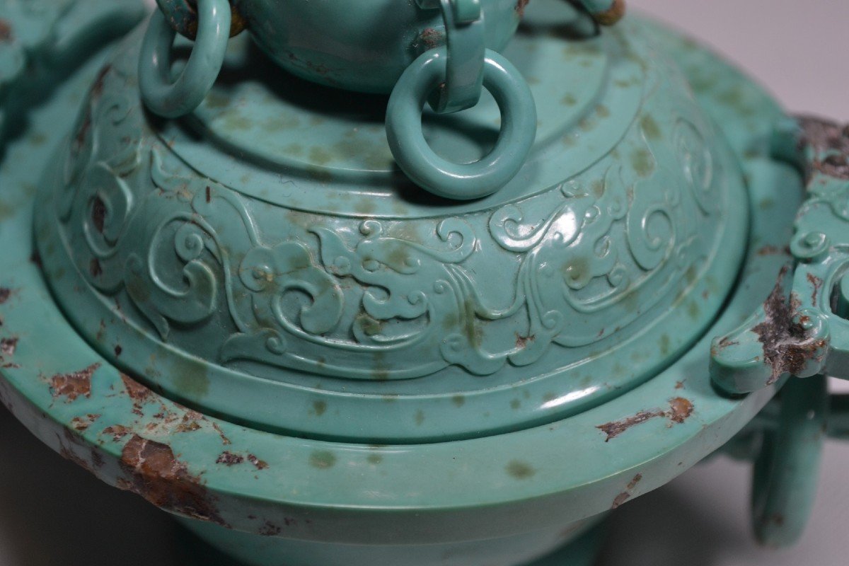 Brûle-parfums Sculpté En Turquoise. Décor De Dragons Et De Lions Bouddhique. Chine époque Qing.-photo-6