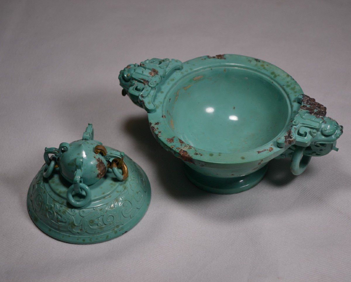 Brûle-parfums Sculpté En Turquoise. Décor De Dragons Et De Lions Bouddhique. Chine époque Qing.-photo-7