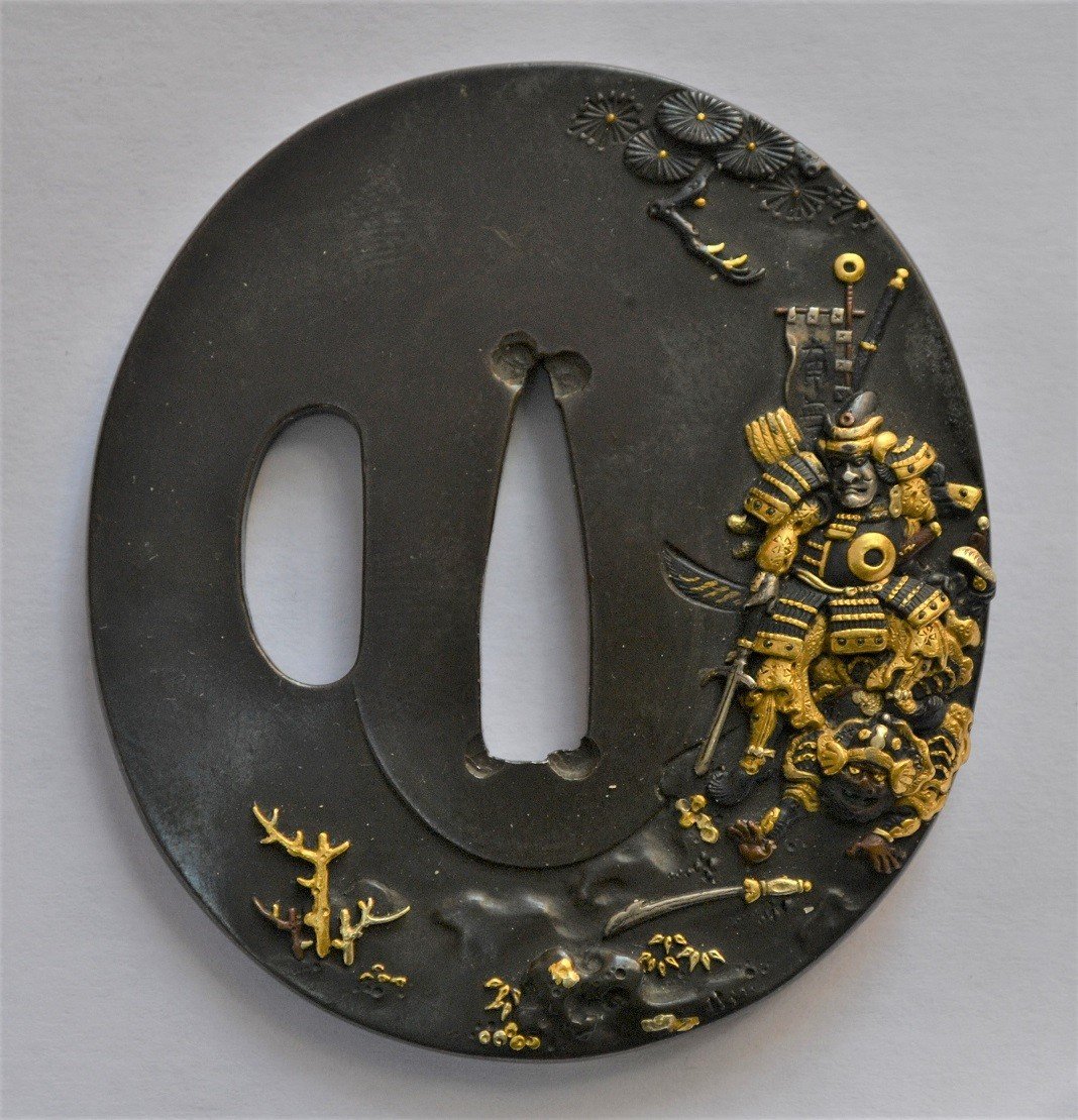 Tsuba En Shakudo Incrustée De Métaux Précieux Par Yoshiaki. Japon Période Edo Fin 18°siècle.-photo-3