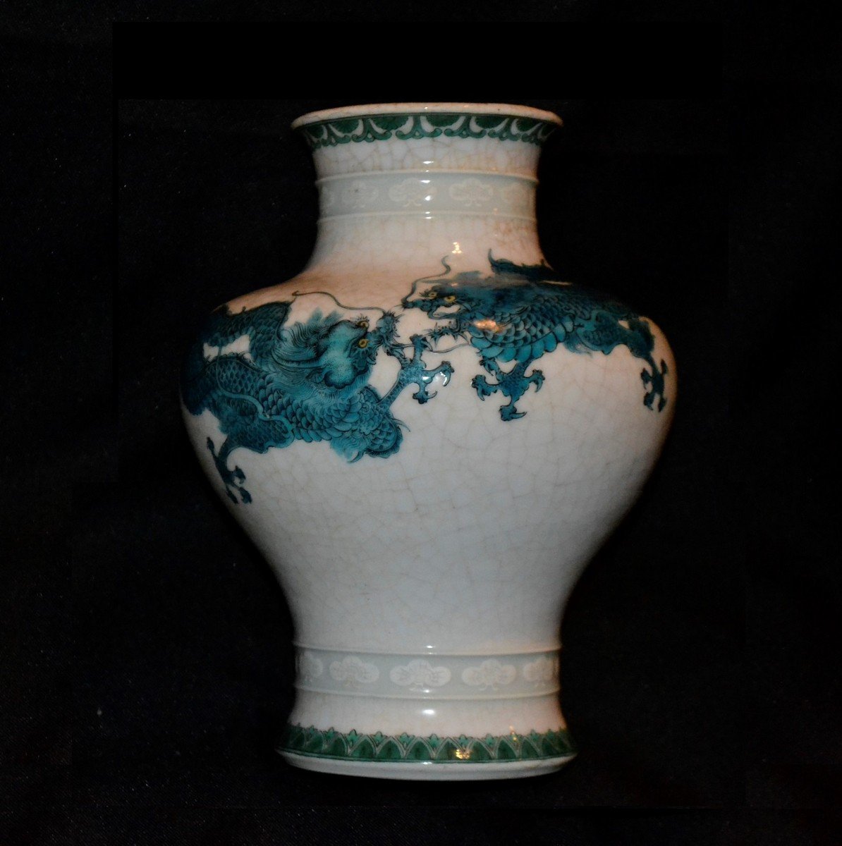 Porcelain Vase. Blue Enameled Dragons On A Cracked White Background. Makuzu Kozan Style. Meji.