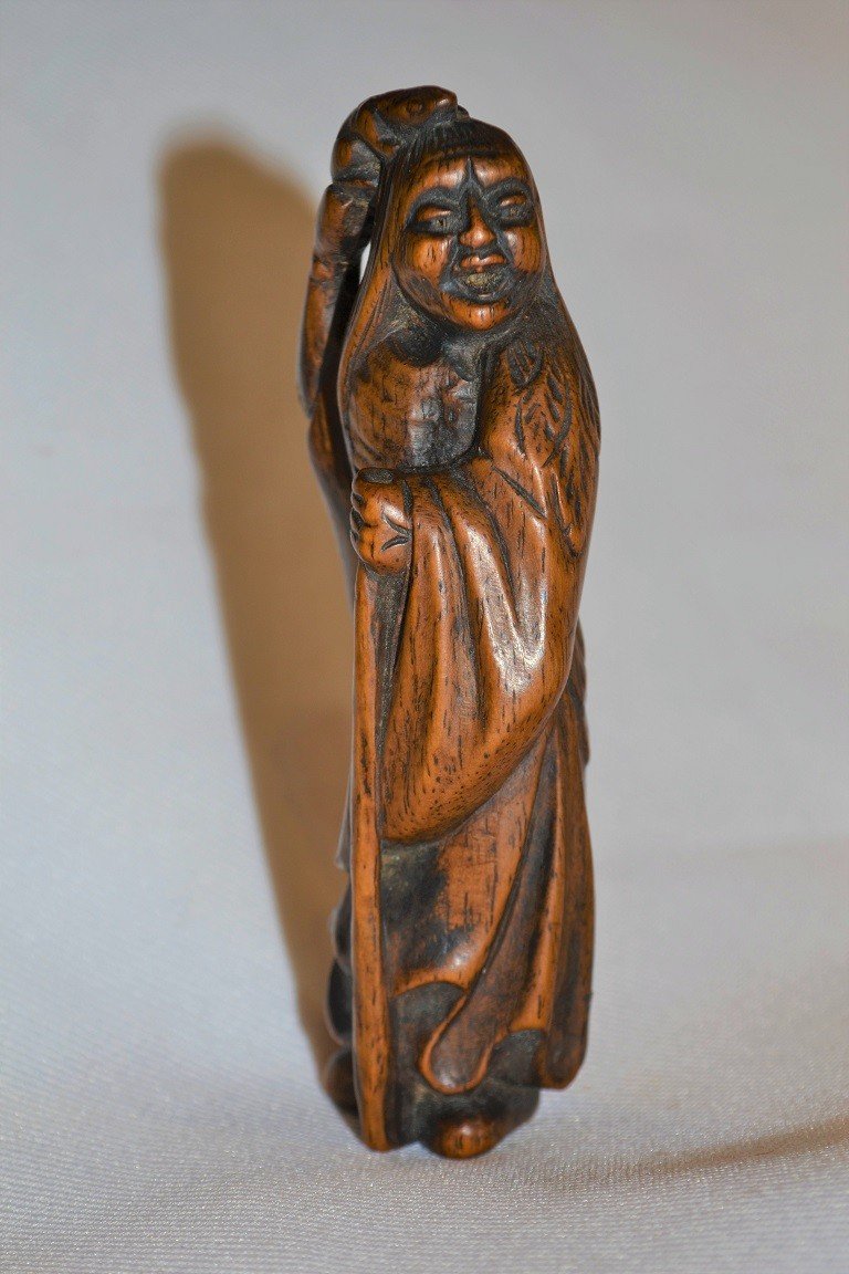 Netsuké En Bois Représentant Gama Sennin Et Son Crapaud. Anonyme. Japon Edo 18° Siècle.-photo-1
