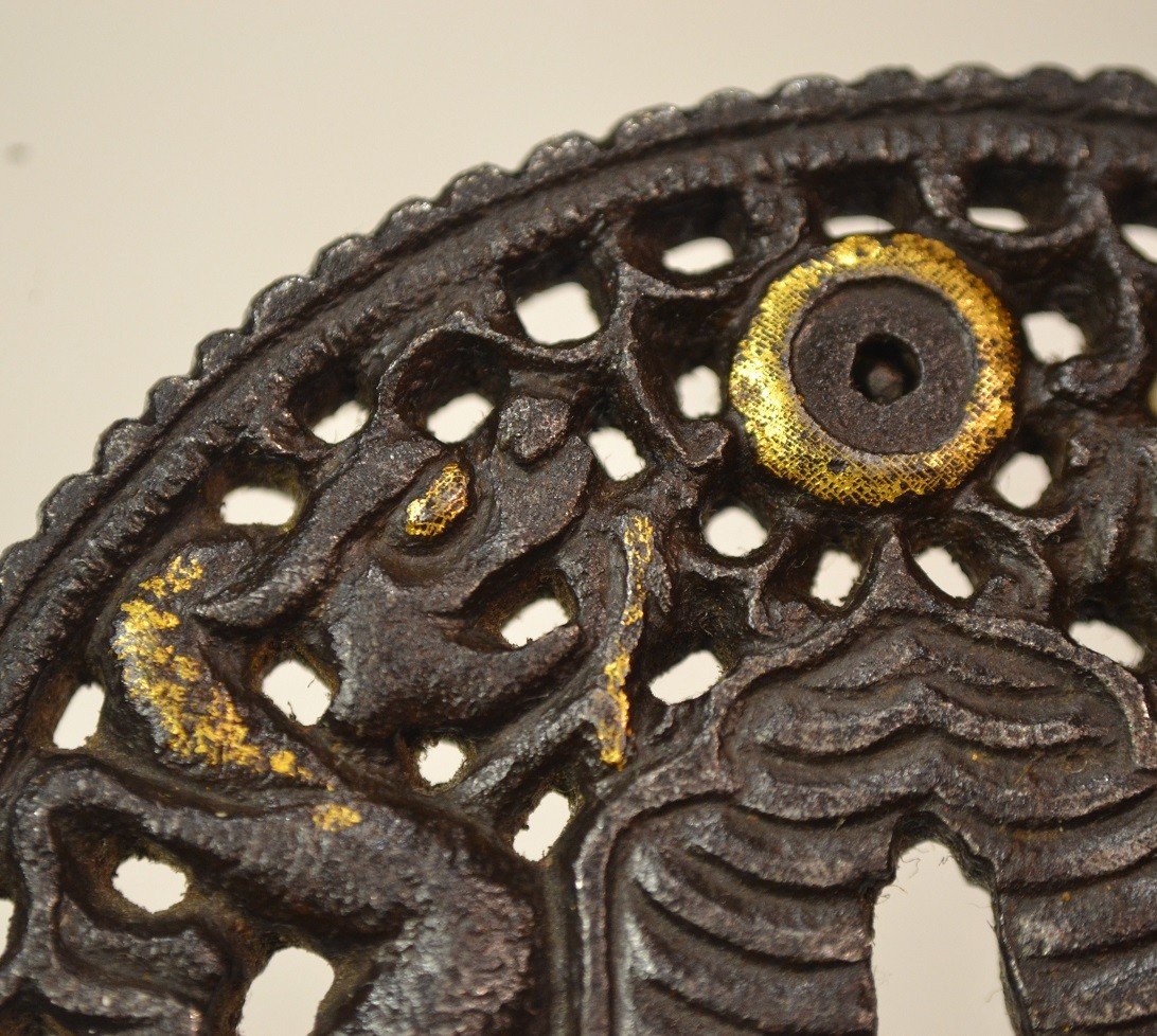 Openwork Iron Tsuba With Dragons, Golden Nunome-zogan. Namban Style. Japan Early Edo. 17th Century.-photo-4