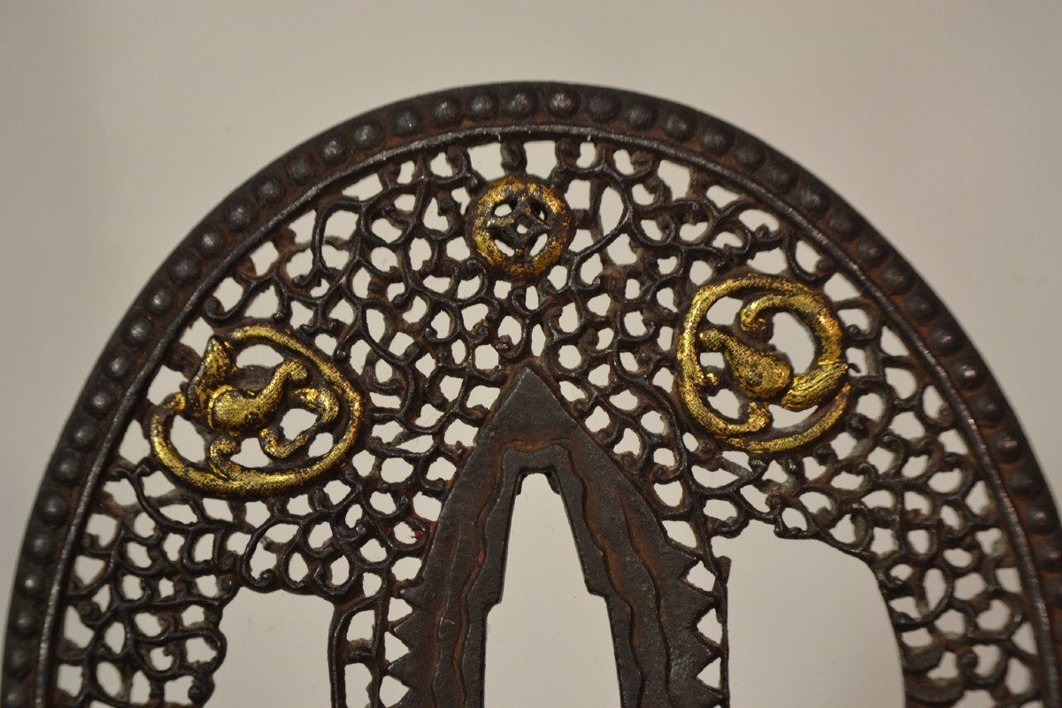 Tsuba En Fer Decoupée De Dragons Dans Le Style Namban. Détail Nunome-zogan.japon Edo 17°siècle.-photo-4