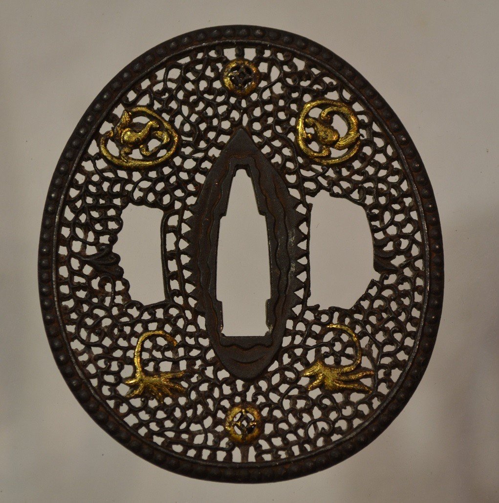 Tsuba En Fer Decoupée De Dragons Dans Le Style Namban. Détail Nunome-zogan.japon Edo 17°siècle.-photo-3
