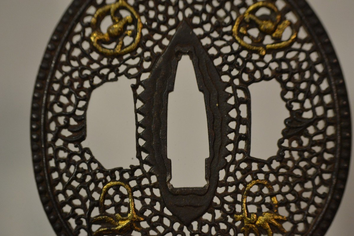 Tsuba En Fer Decoupée De Dragons Dans Le Style Namban. Détail Nunome-zogan.japon Edo 17°siècle.-photo-6