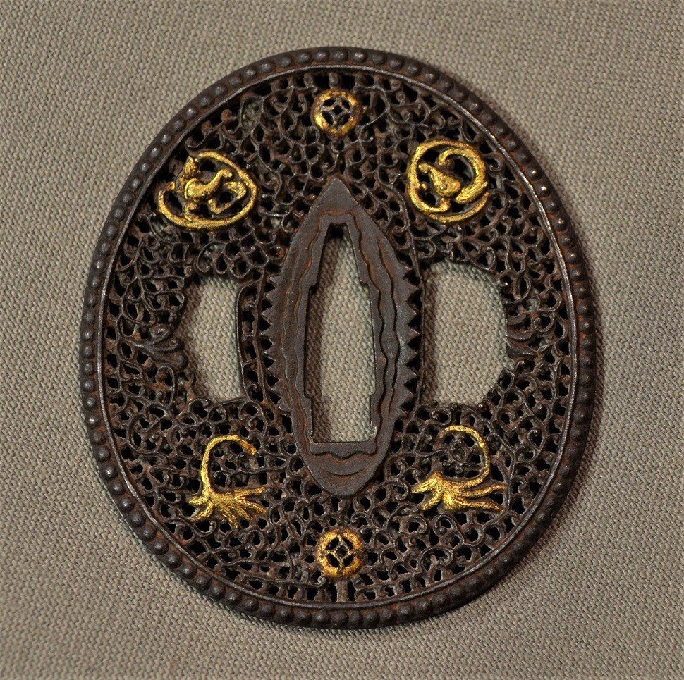 Tsuba En Fer Decoupée De Dragons Dans Le Style Namban. Détail Nunome-zogan.japon Edo 17°siècle.-photo-4