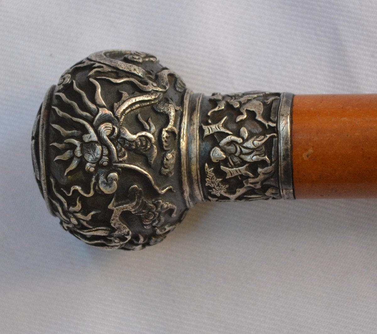 Cane In Cast Silver, Chiseled With Dragons. Shaft In Huang-hualy. China Or Vietnam 19° Century.-photo-4
