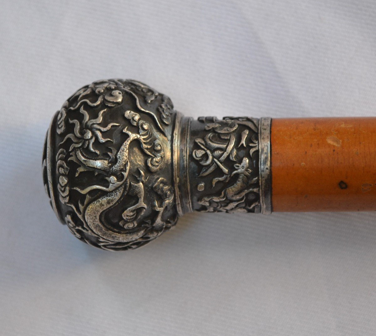 Cane In Cast Silver, Chiseled With Dragons. Shaft In Huang-hualy. China Or Vietnam 19° Century.-photo-7