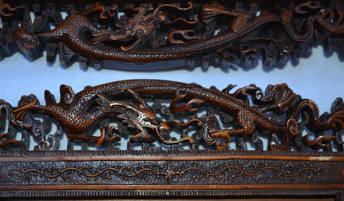 Pair Of Wooden Frames Carved With Dragons, Phoenix And European Coat Of Arms.china 19th Century.-photo-2