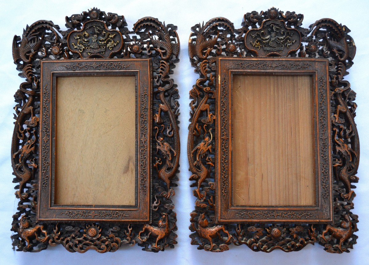 Pair Of Wooden Frames Carved With Dragons, Phoenix And European Coat Of Arms.china 19th Century.-photo-1