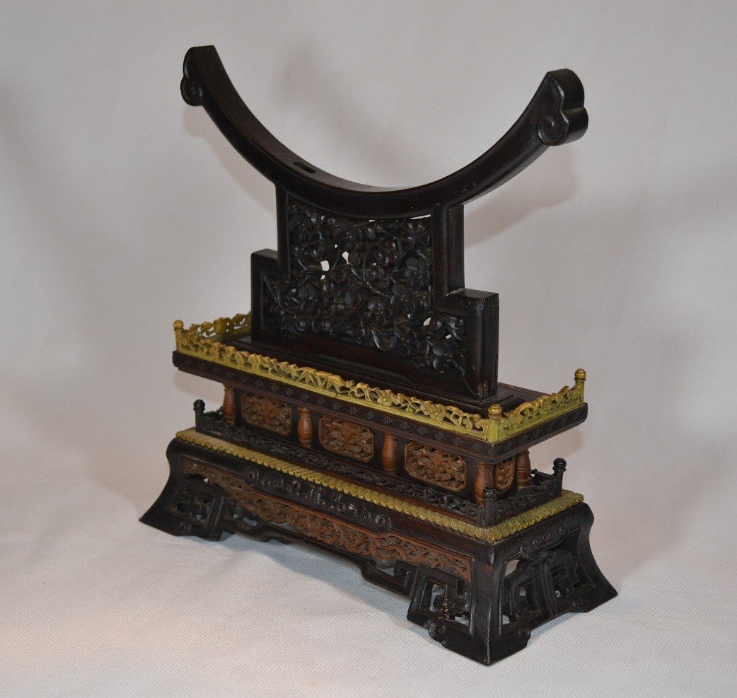 Socle En Bois Sculpté Pour Disque Bi. Chine époque Qing 19° Siècle Ou Avant.-photo-4