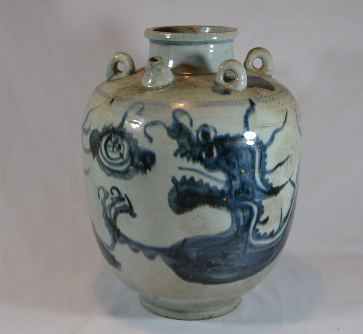 Porcelain Ewer. Dragon Decor In Cobalt Blue. China Ming Period, 17° Or Before. 
