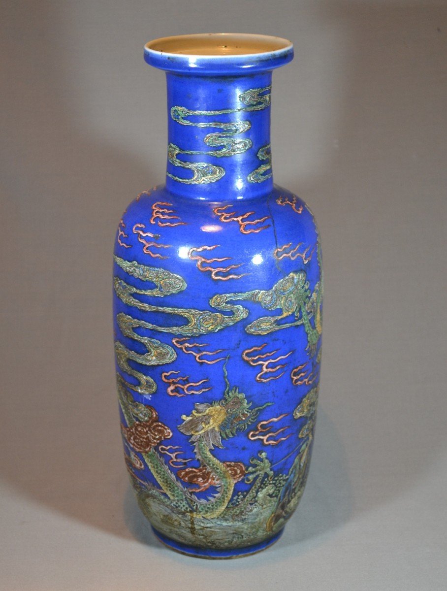Vase Decorated With Dragons And Carp On Blue Background. China Qing Dynasty.