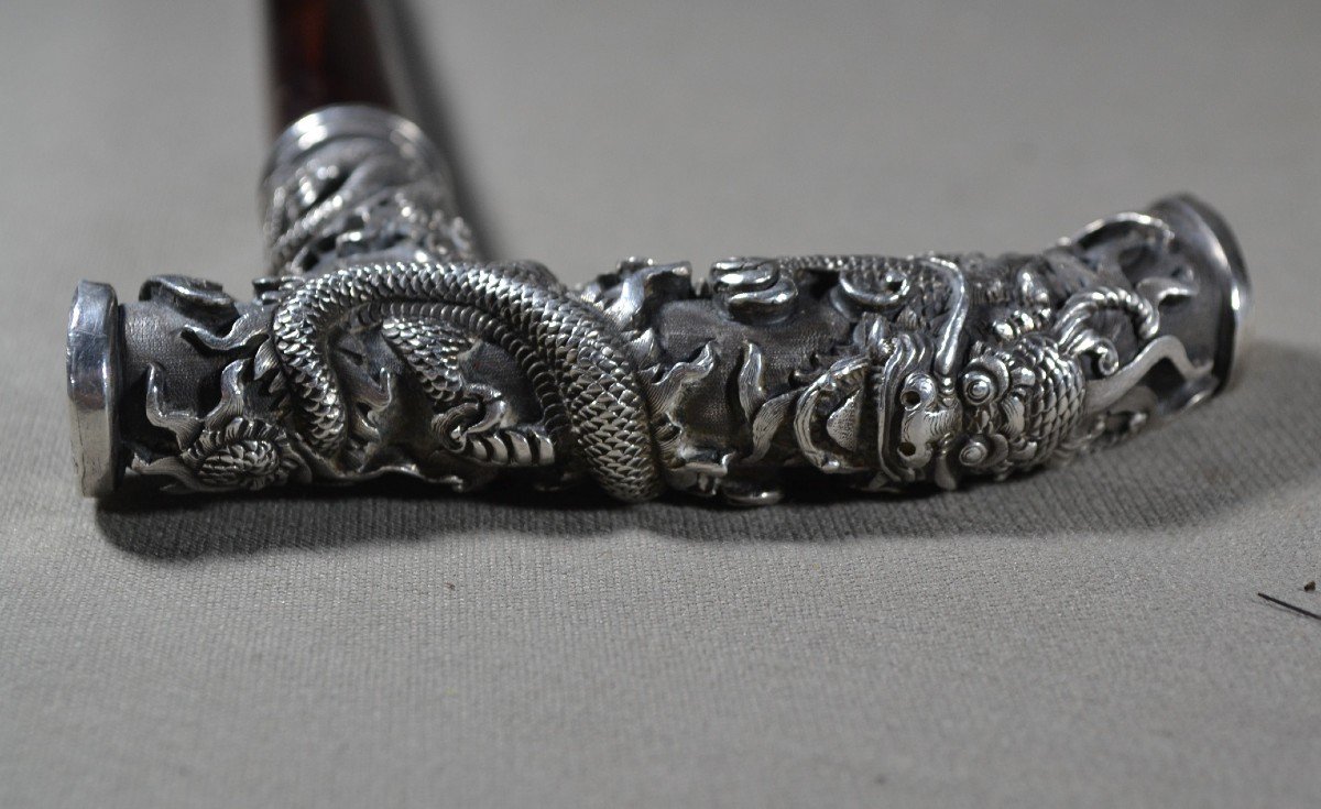 Canne En Argent Coulé,ciselée De Dragons  Et De Chauve-souris. Chine Ou Vietnam Fin19° Siècle. -photo-1