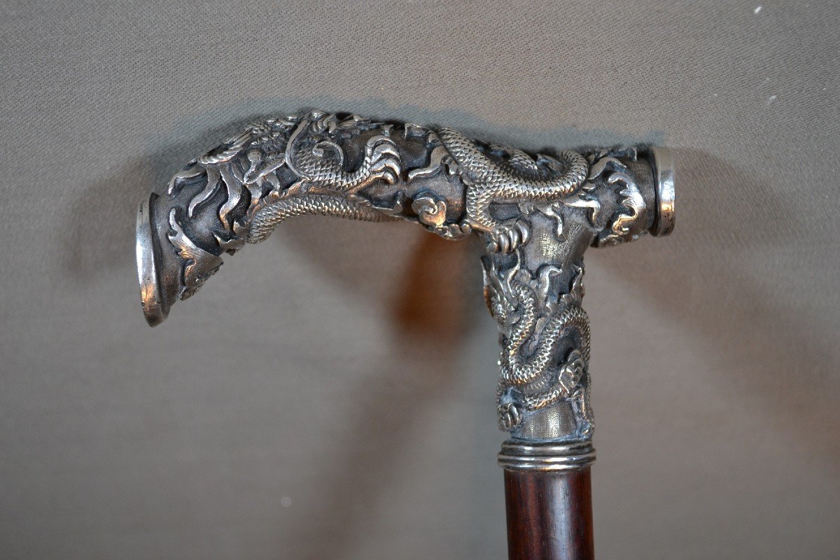 Canne En Argent Coulé,ciselée De Dragons  Et De Chauve-souris. Chine Ou Vietnam Fin19° Siècle. -photo-3