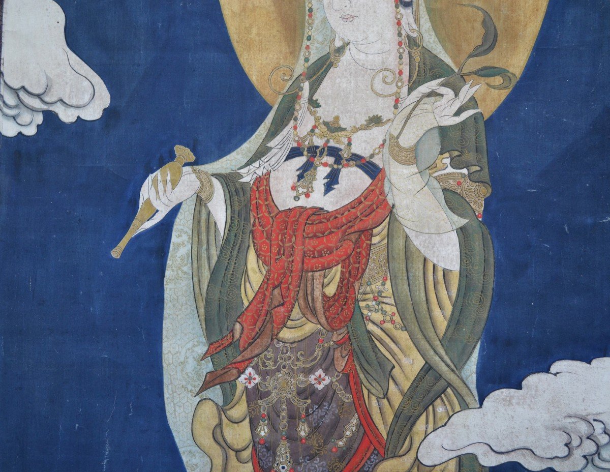 Kakemono. Aquarelle Sur Soie Représentant Guanyin.japon Période Edo-photo-3