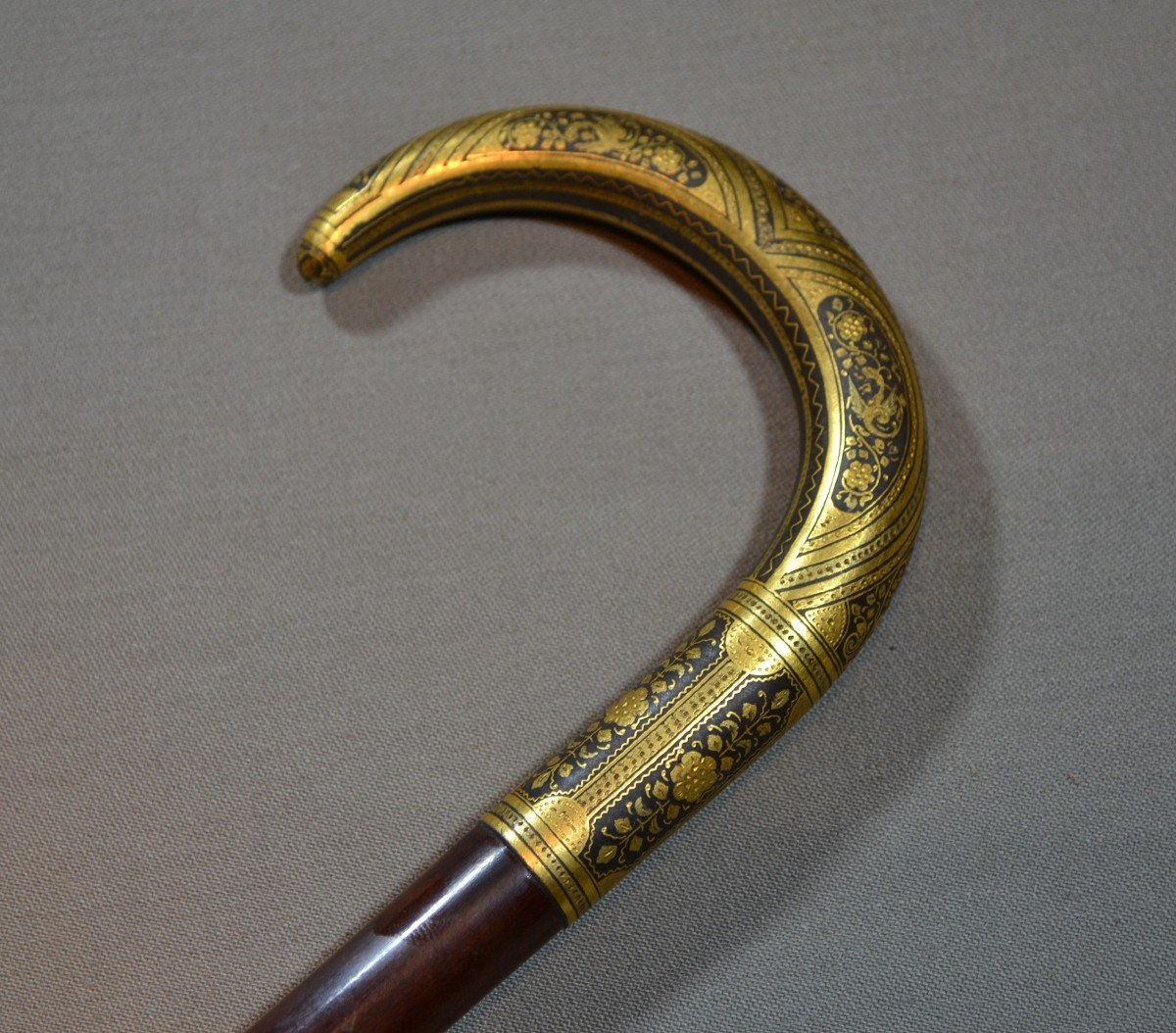 Gold Damascened Iron Walking Stick. Toledo, Zuloaga School Circa 1900.