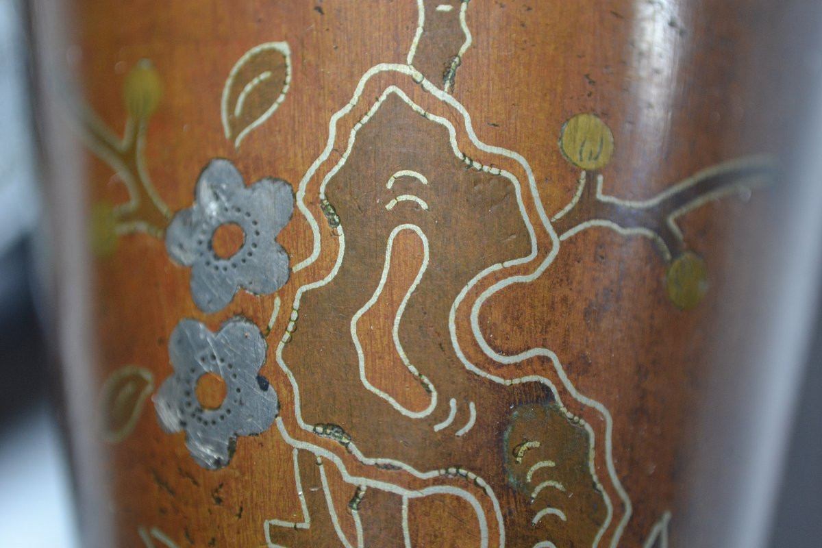 Vase Cuivre Martelé Incrusté d'Argent Et d'Alliages. Chine Dynastie Qing 19° Siècle.-photo-5