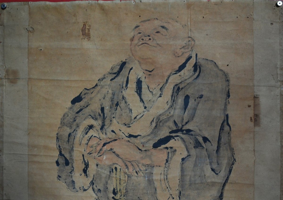 Chinese Ink Painting On Paper, Monk Shih Te Holding His Broom.-photo-2