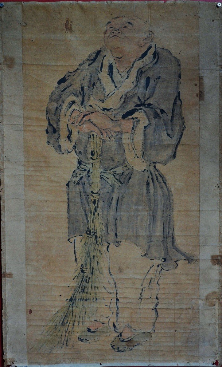 Chinese Ink Painting On Paper, Monk Shih Te Holding His Broom.-photo-1