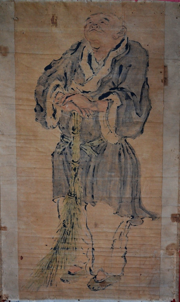 Chinese Ink Painting On Paper, Monk Shih Te Holding His Broom.