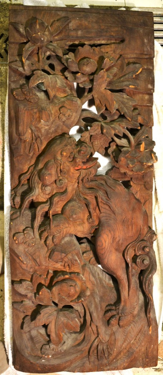 Paire De Panneaux En Bois Sculpté De Lions.période Edo -1603-1868).-photo-2