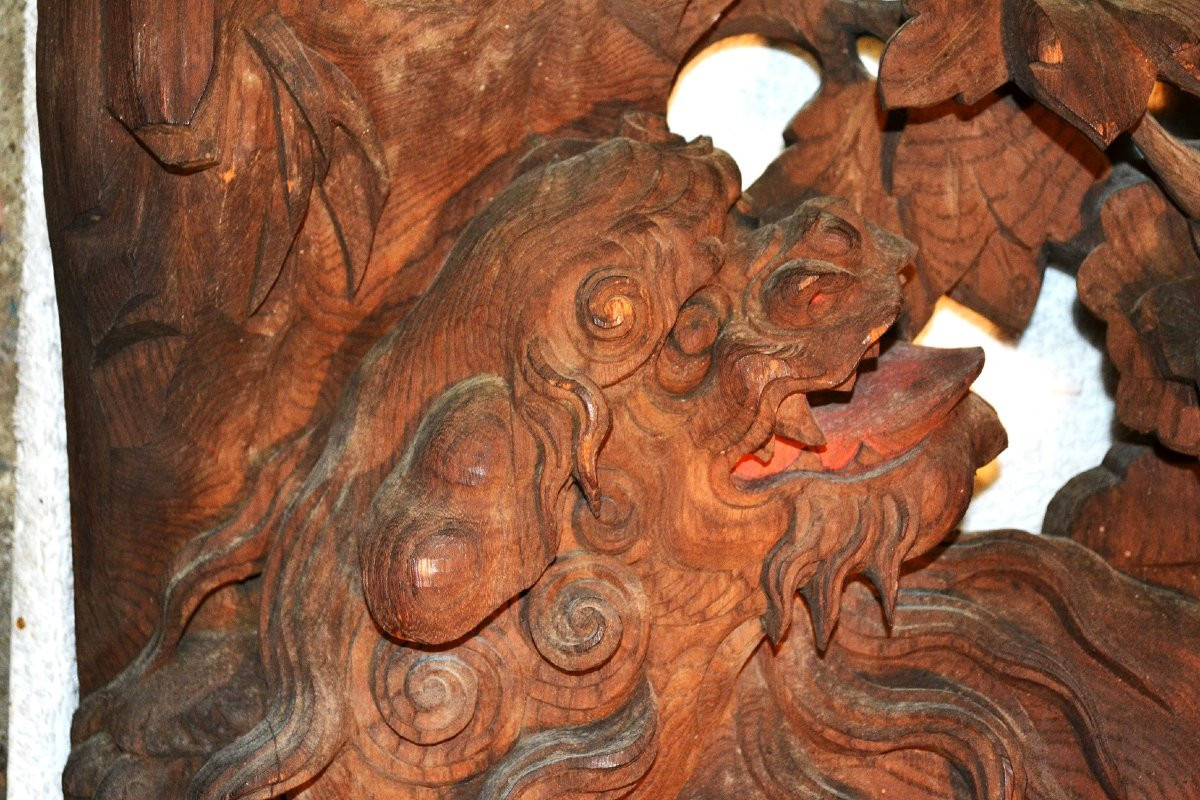 Paire De Panneaux En Bois Sculpté De Lions.période Edo -1603-1868).-photo-2