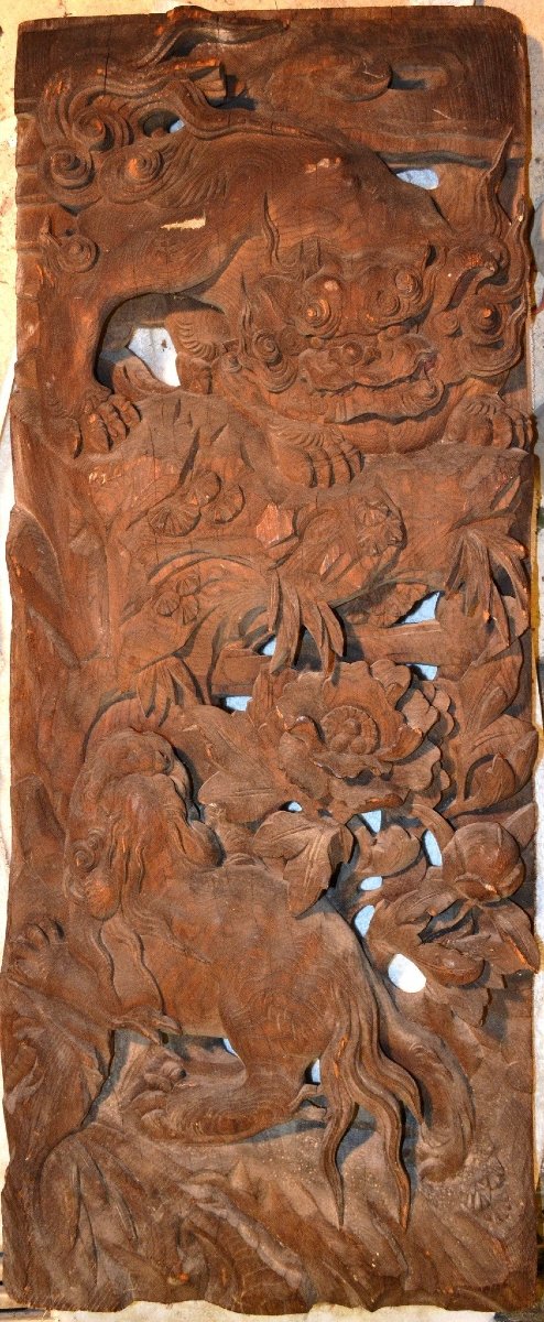 Paire De Panneaux En Bois Sculpté De Lions.période Edo -1603-1868).-photo-4