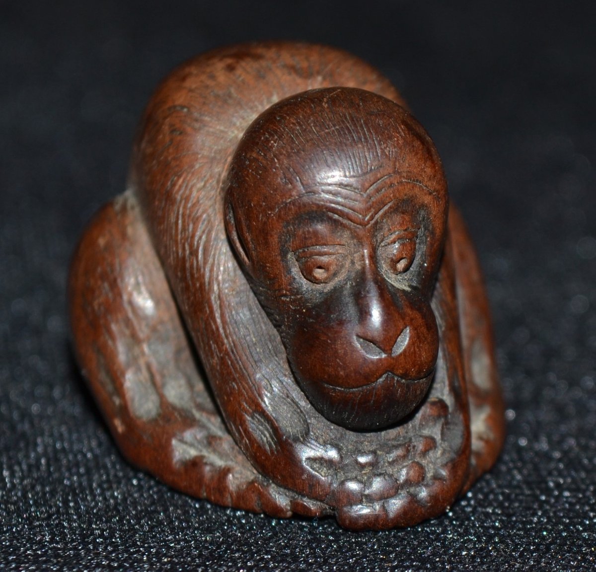 Singe en bois sculpté.Netsuké signé.Japon Edo.-photo-3
