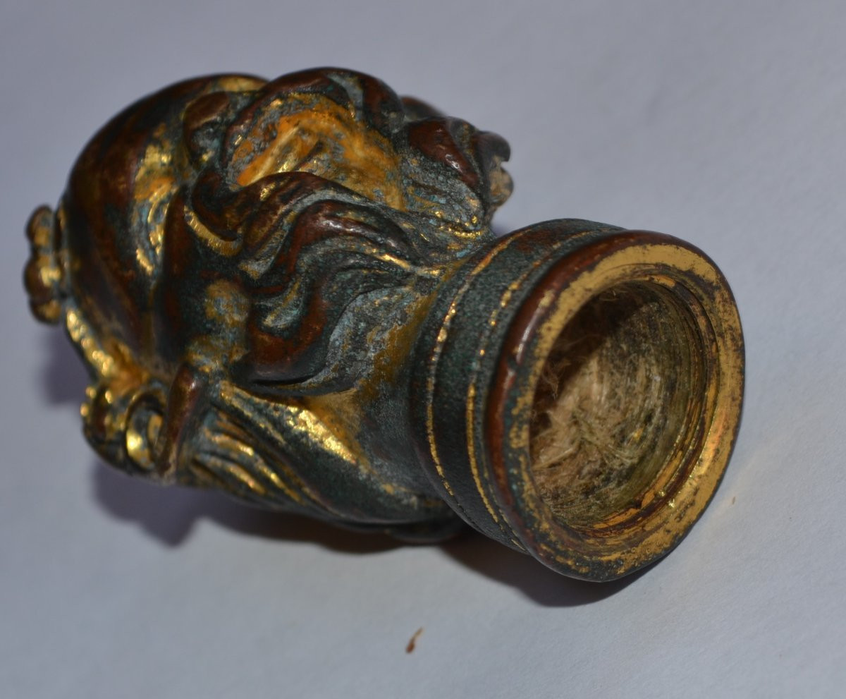 Tête de Bacchus en bronze doré,pommeau de canne renaissance Italienne,16°siècle.-photo-2