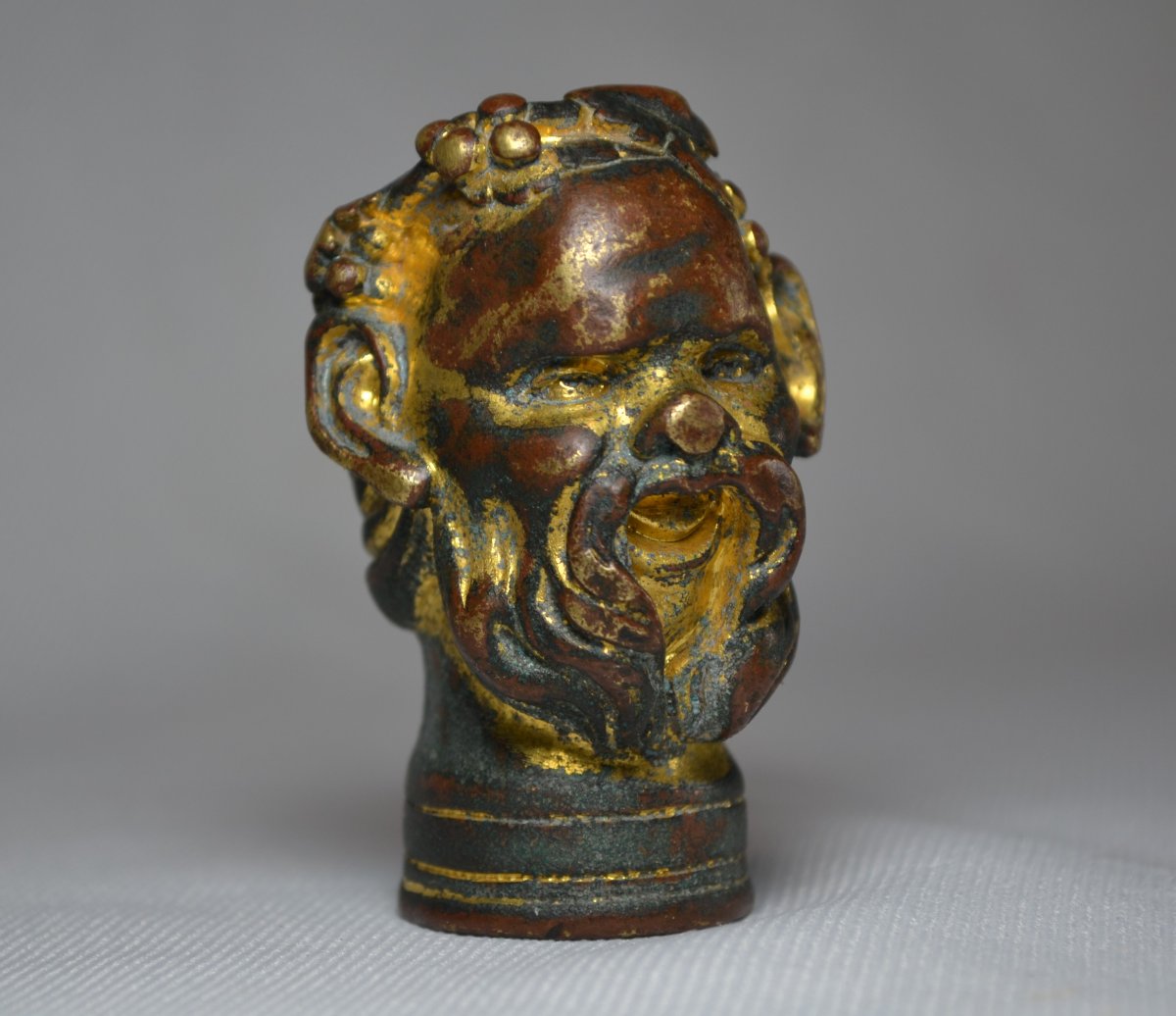 Tête de Bacchus en bronze doré,pommeau de canne renaissance Italienne,16°siècle.-photo-3