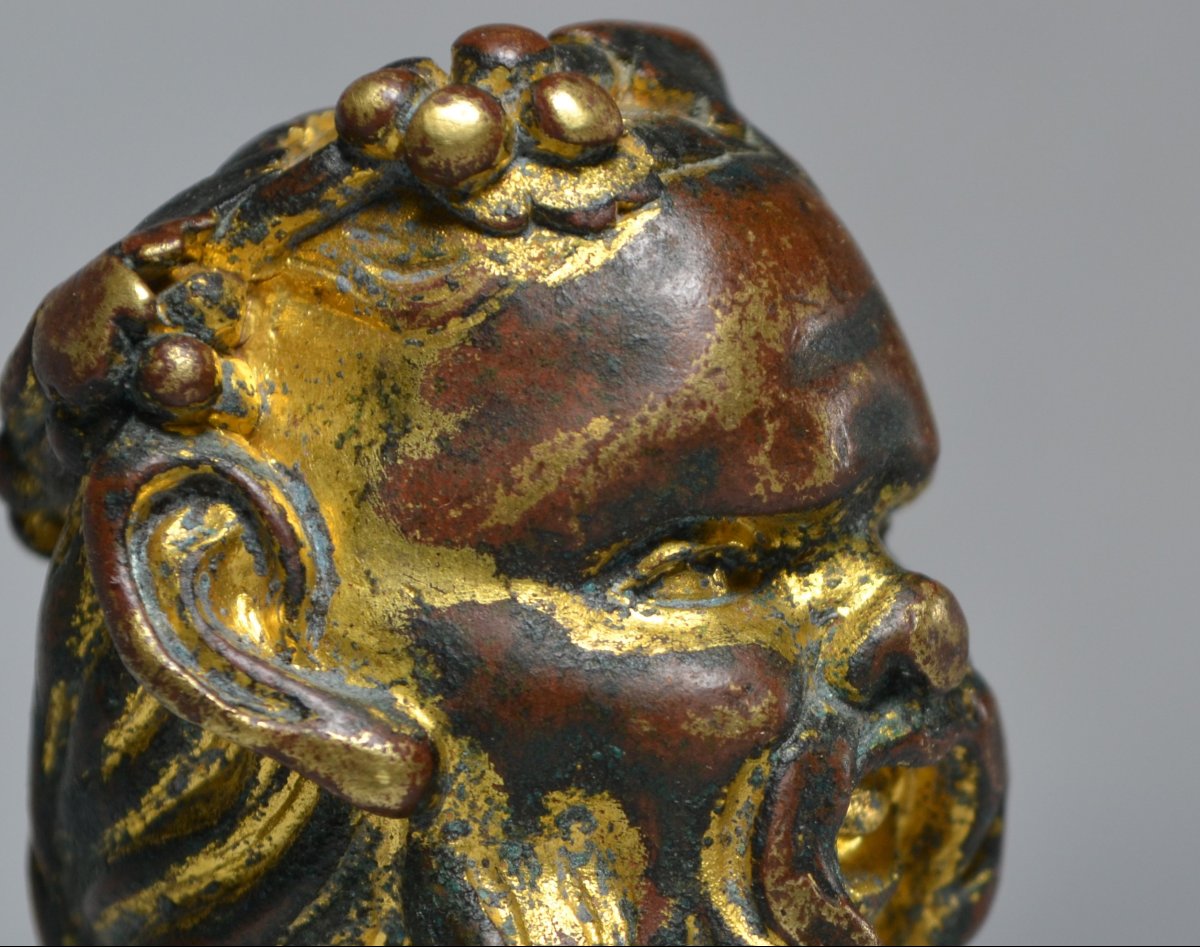 Tête de Bacchus en bronze doré,pommeau de canne renaissance Italienne,16°siècle.-photo-4