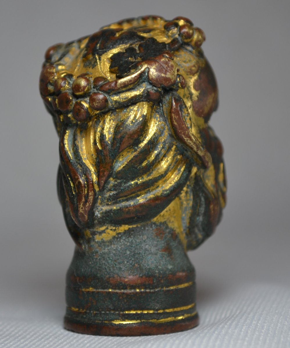 Tête de Bacchus en bronze doré,pommeau de canne renaissance Italienne,16°siècle.-photo-1